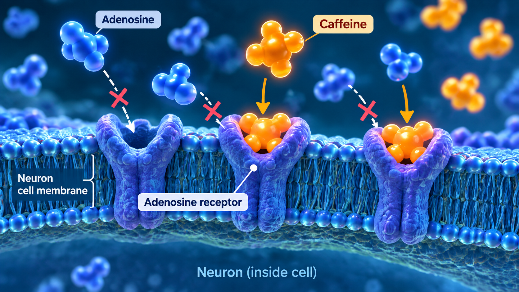Diagram of caffeine molecules occupying the adenosine receptors on a neuron cell membrane, blocking adenosine from binding